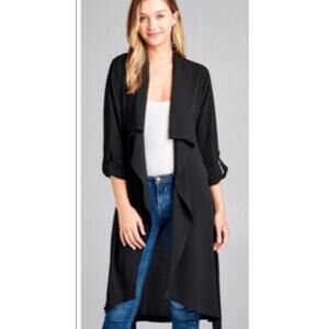 Elodie Linen Blend Black Open Front Draped Long Jacket Size S Small